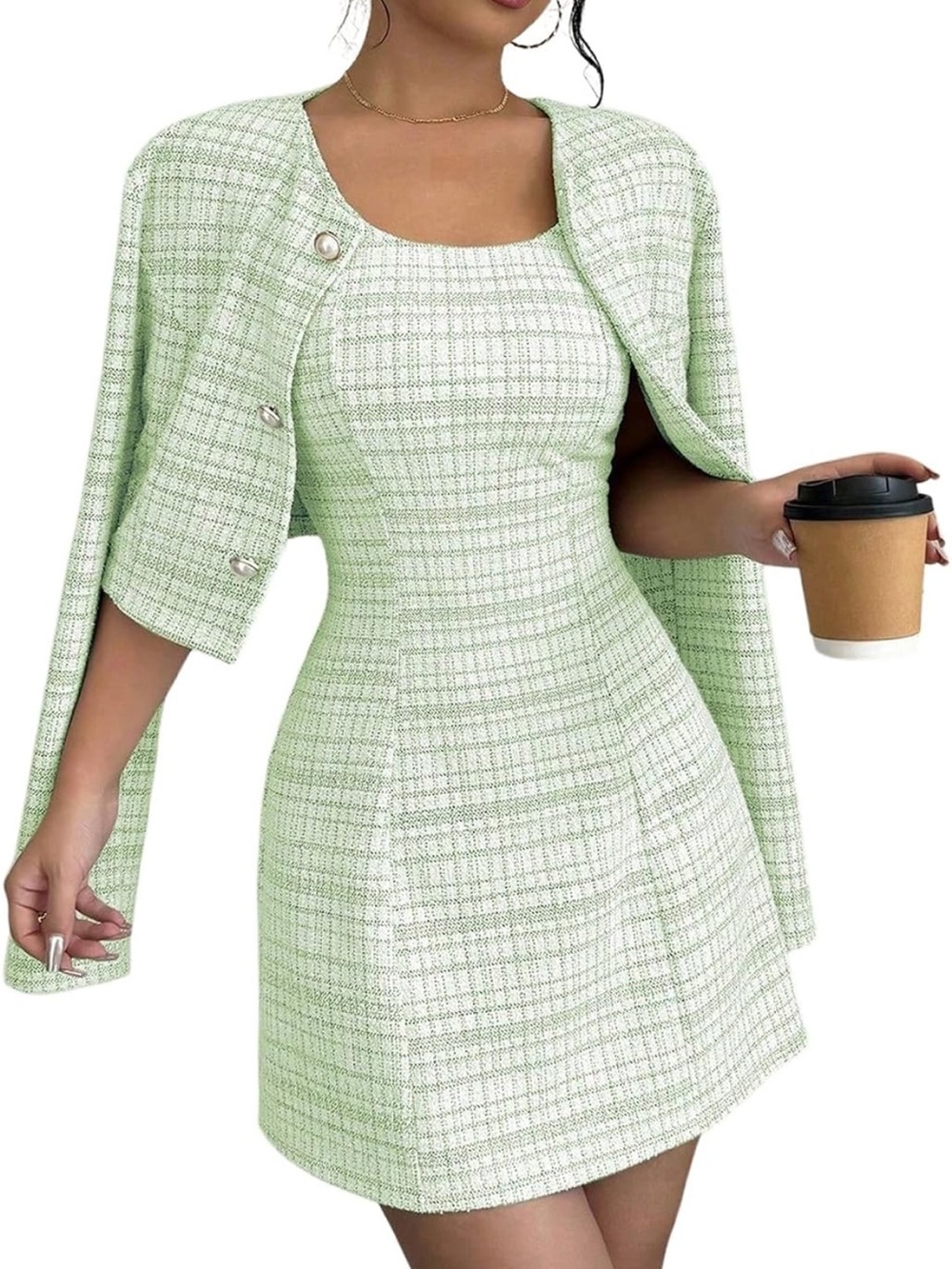 Scoop Neck Tweed Mini Dress with Matching Coat in Light Green